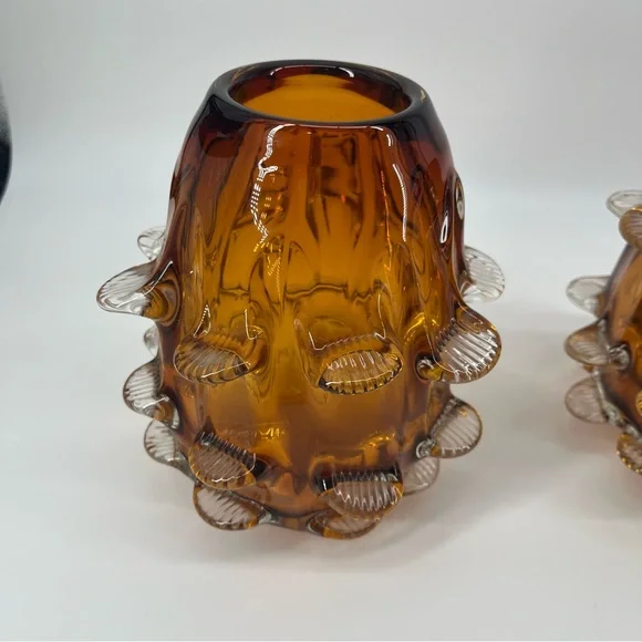 Vintage MCM Set‎ of 2 Amber Glass Vases with Textured Design 7” Tall Heavy